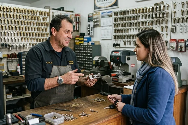 Profissional conversando com um cliente sobre segurança em Araucária.
