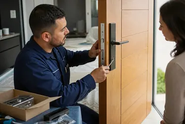 Profissional instalando uma fechadura em um apartamento em Araucária.