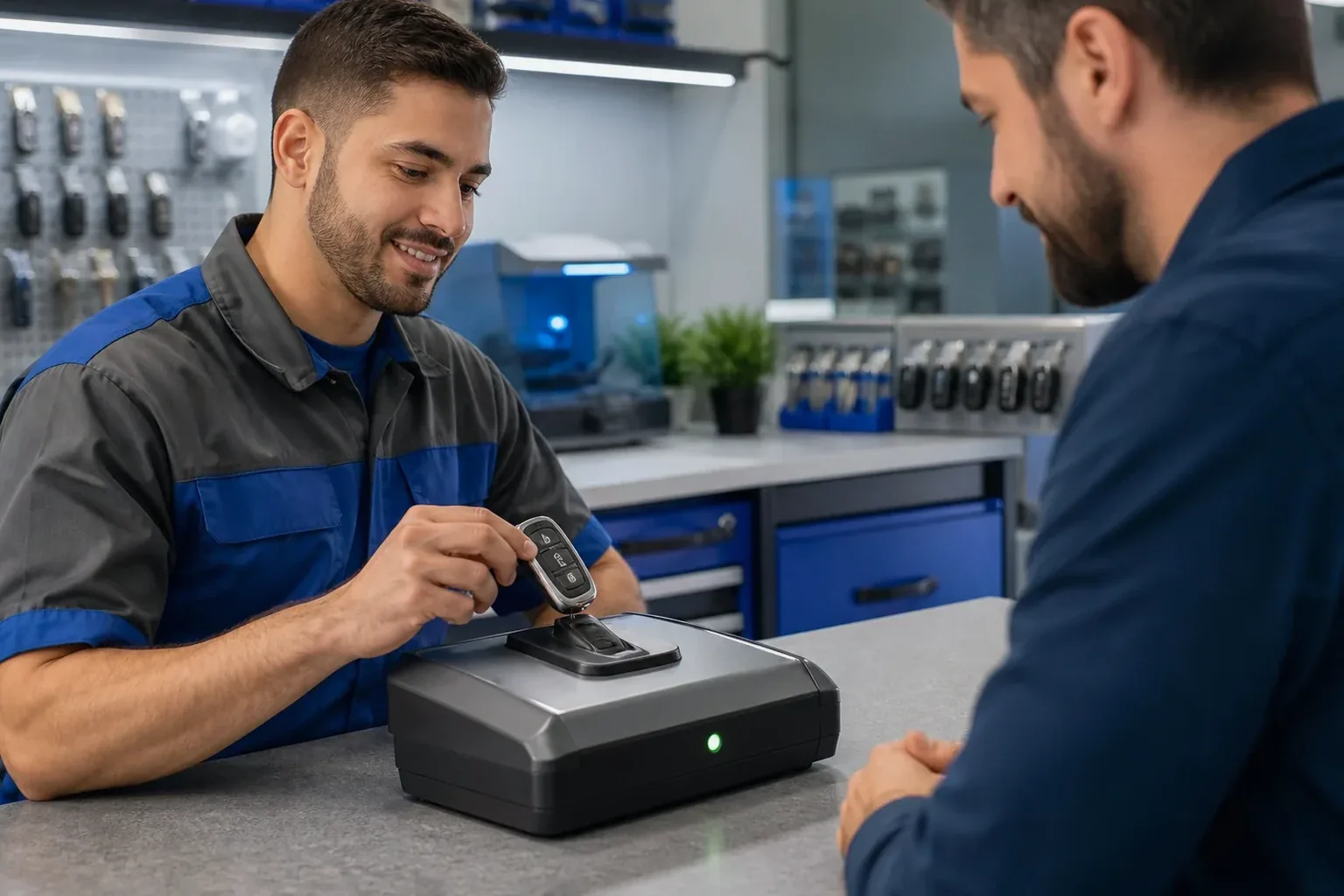 Técnico em Araucária programando chave de controle remoto para veículo.