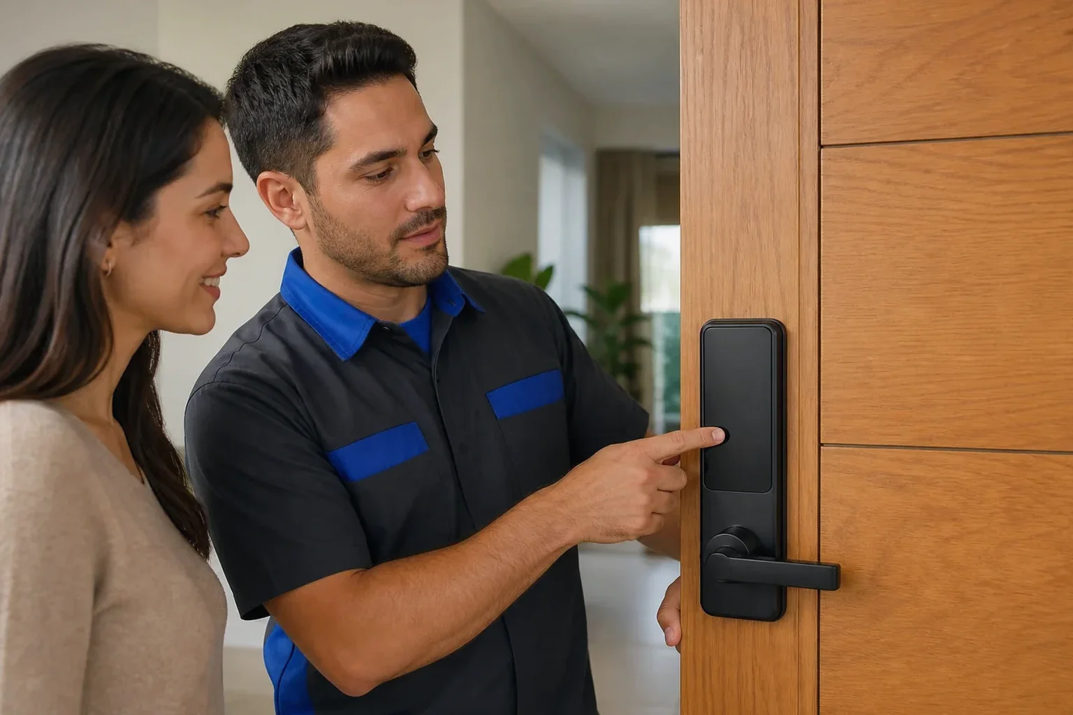 Técnico instalando uma fechadura digital em uma casa em Araucária.